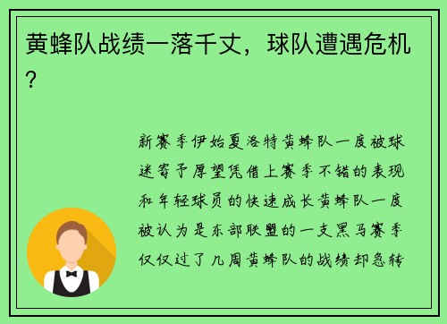 黄蜂队战绩一落千丈，球队遭遇危机？