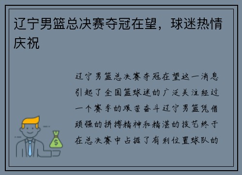 辽宁男篮总决赛夺冠在望，球迷热情庆祝