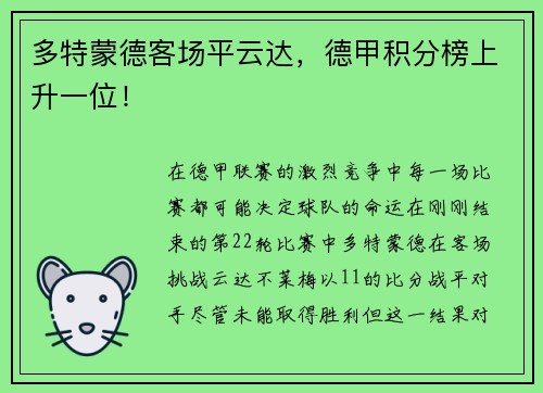 多特蒙德客场平云达，德甲积分榜上升一位！