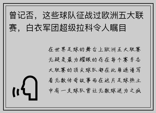 曾记否，这些球队征战过欧洲五大联赛，白衣军团超级拉科令人瞩目