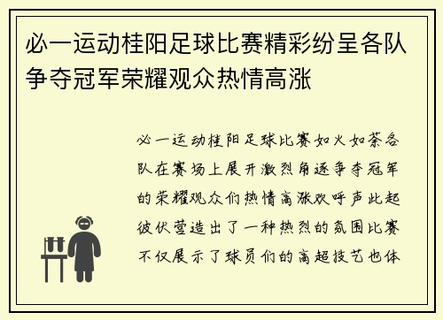 必一运动桂阳足球比赛精彩纷呈各队争夺冠军荣耀观众热情高涨